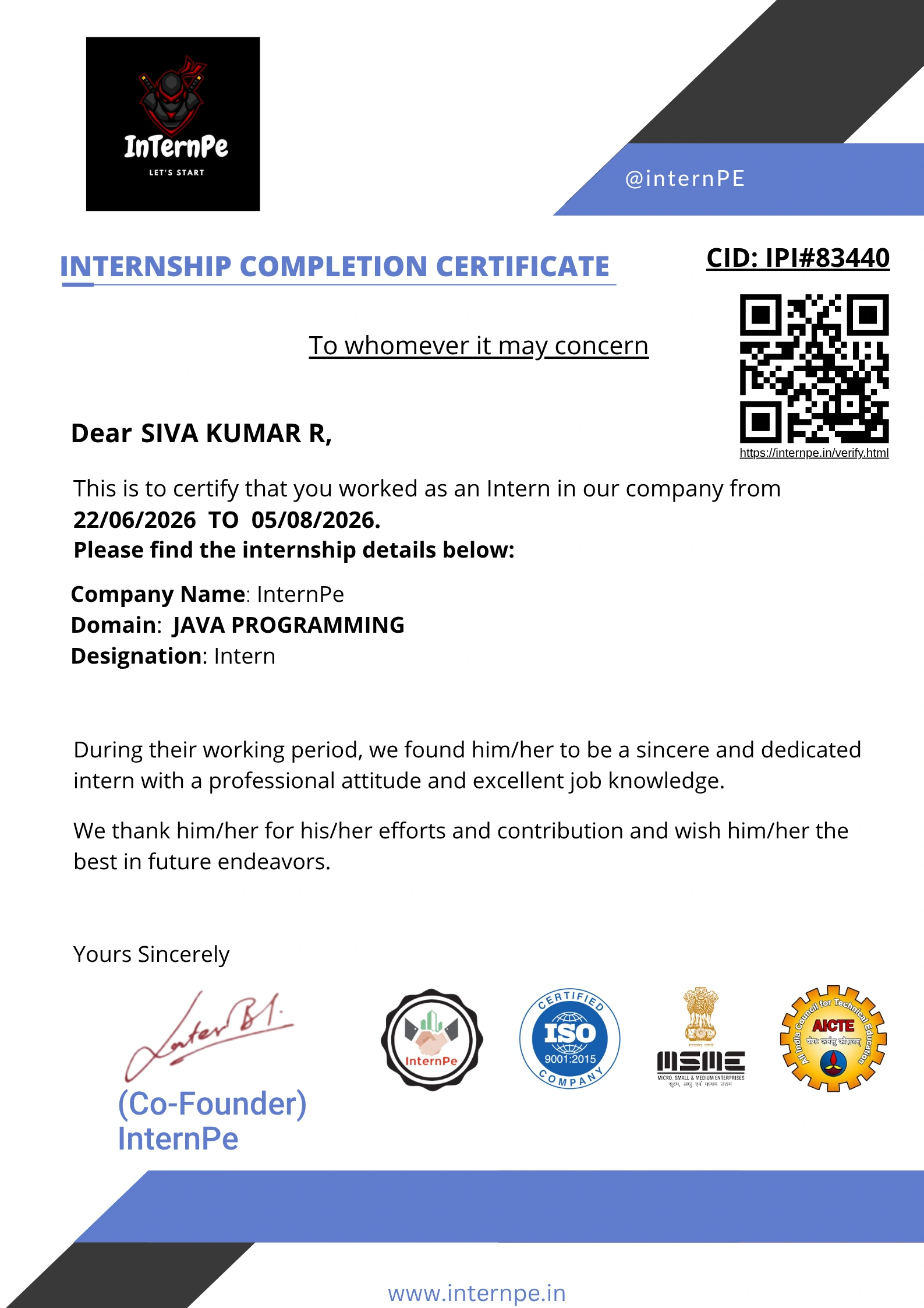 Siva Kumar R Java Programming Internship Certification